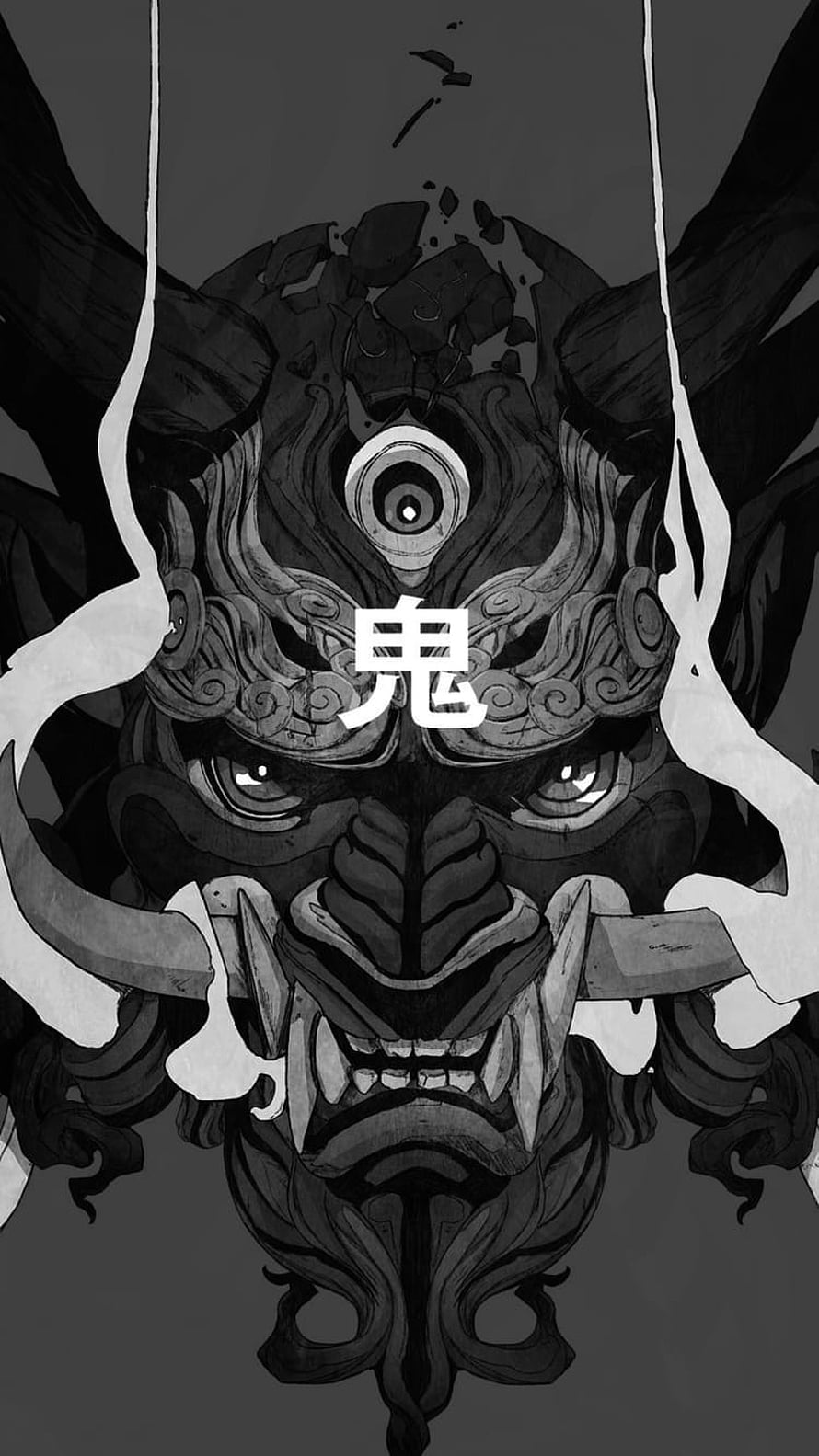 Dark Japanese Oni Demon Mask Illustration With Kanji Character HD phone wallpaper