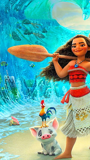 Moana holding a wooden paddle with Pua and Heihei on a tropical beach HD phone wallpaper