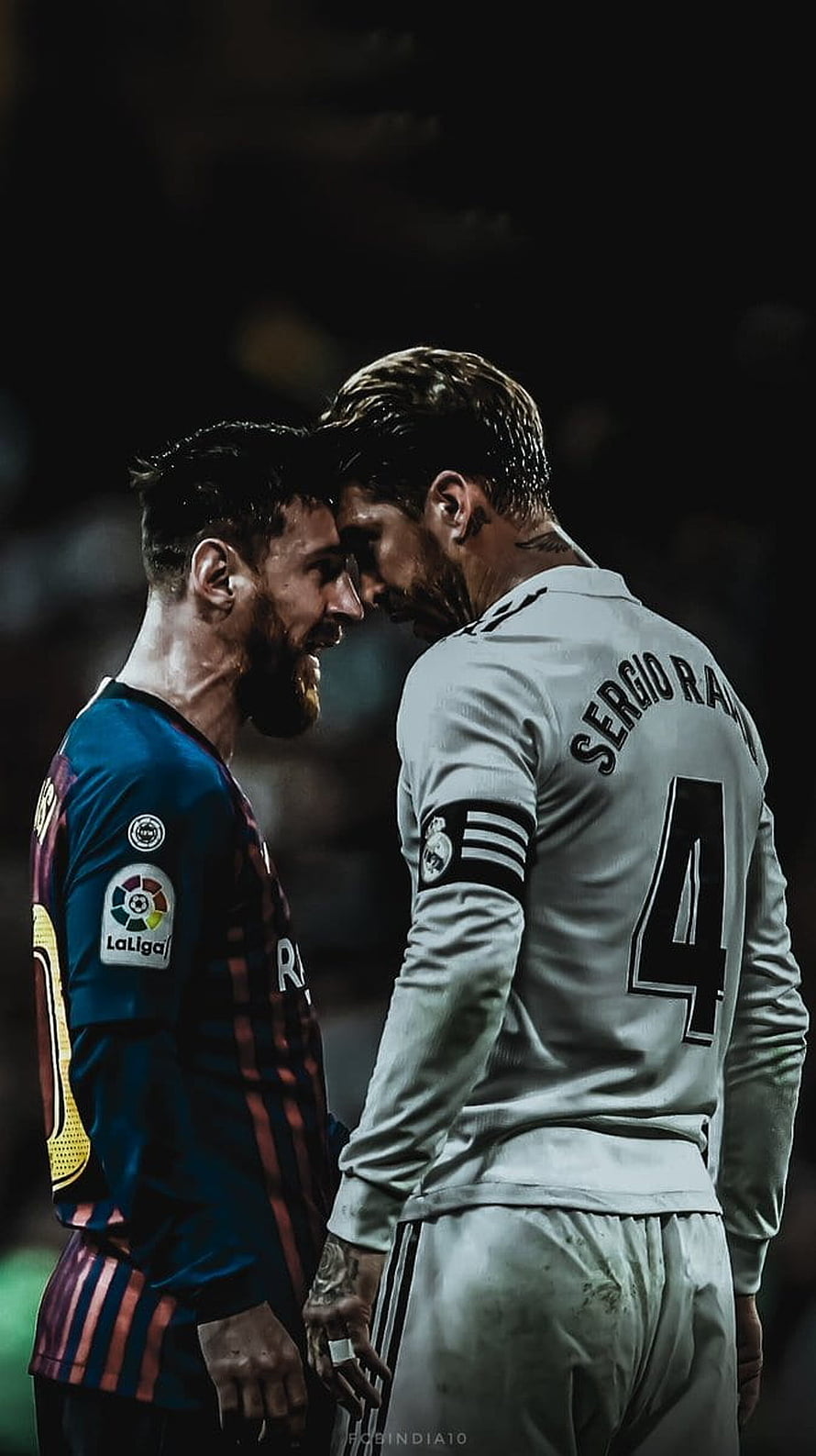 Lionel Messi and Sergio Ramos forehead touch during El Clasico football match HD phone wallpaper