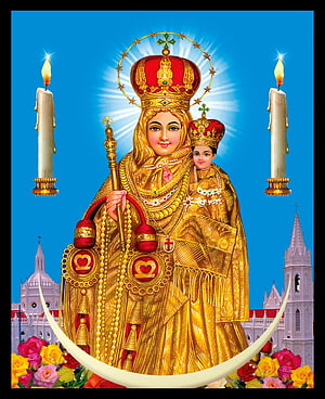 Holy Mother of God of Kazan Orthodox Icon with Child Jesus, Candles, and Cathedral Background HD phone wallpaper
