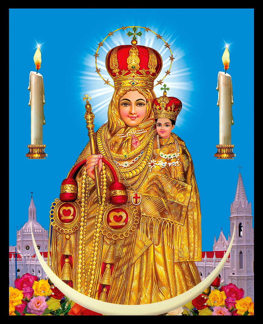 Holy Mother of God of Kazan Orthodox Icon with Child Jesus, Candles, and Cathedral Background HD phone wallpaper