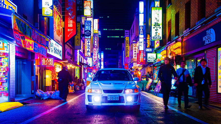 White Mitsubishi Lancer Evolution in Neon-Lit Japanese Street at Night HD wallpaper
