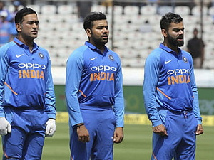 Virat Kohli, Rohit Sharma, and KL Rahul in Blue India Cricket Training Kits HD wallpaper