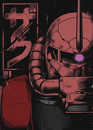 Gundam Zaku II Mecha Portrait in Red and Black Manga Style HD phone wallpaper