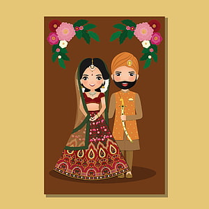 Cute cartoon illustration of an Indian bride and groom in traditional wedding attire with floral decorations HD phone wallpaper
