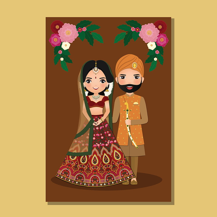 Cute cartoon illustration of an Indian bride and groom in traditional wedding attire with floral decorations HD phone wallpaper