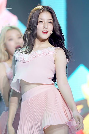 Nancy from Momoland performing on stage in a pink floral crop top and pleated skirt HD phone wallpaper