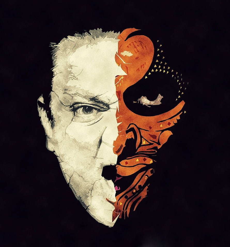 Stylized Split Face Portrait Illustration with Cracked White and Orange Tribal Mask Design HD phone wallpaper