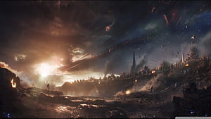 Epic Fantasy Battle Scene with Armies and Giant Spaceships at Sunset HD wallpaper