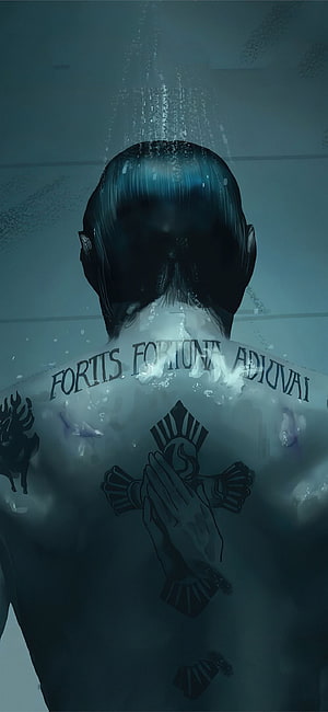 Dark Anime Character Back Tattoo Art With Latin Text And Shower Water Drops HD phone wallpaper