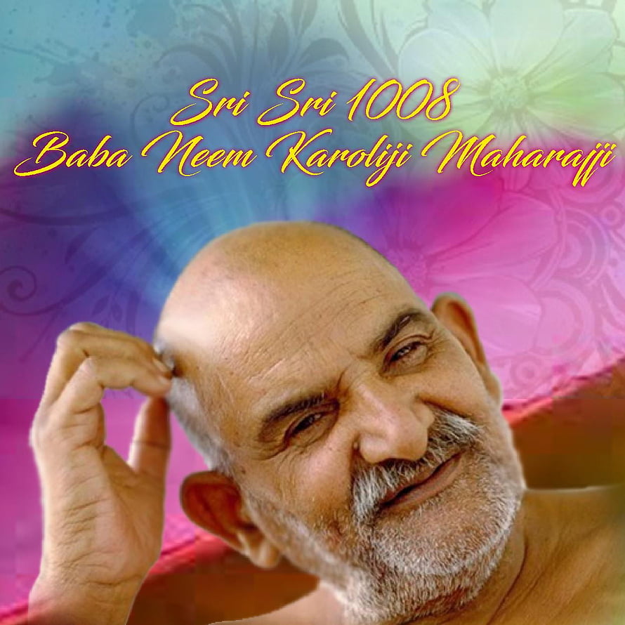 Portrait of Baba Neem Karoli ji Maharaj with colorful floral background and golden script HD phone wallpaper