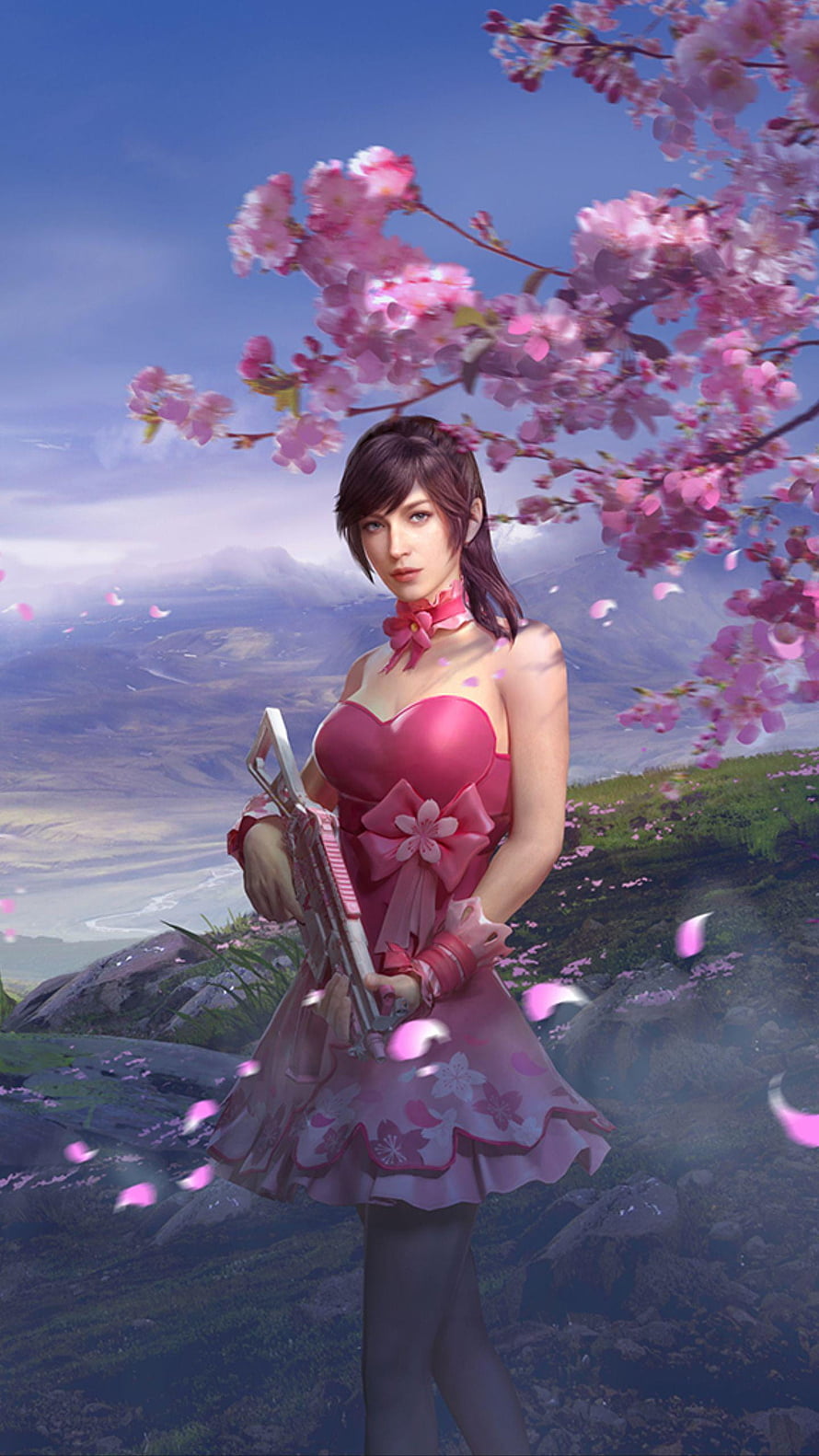 PUBG Mobile Sakura Skin Character with Pink Rifle Under Cherry Blossom Tree HD phone wallpaper