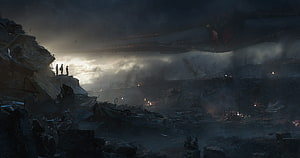 Avengers Endgame Final Battle Scene with Silhouetted Figures and Massive Spaceship HD wallpaper