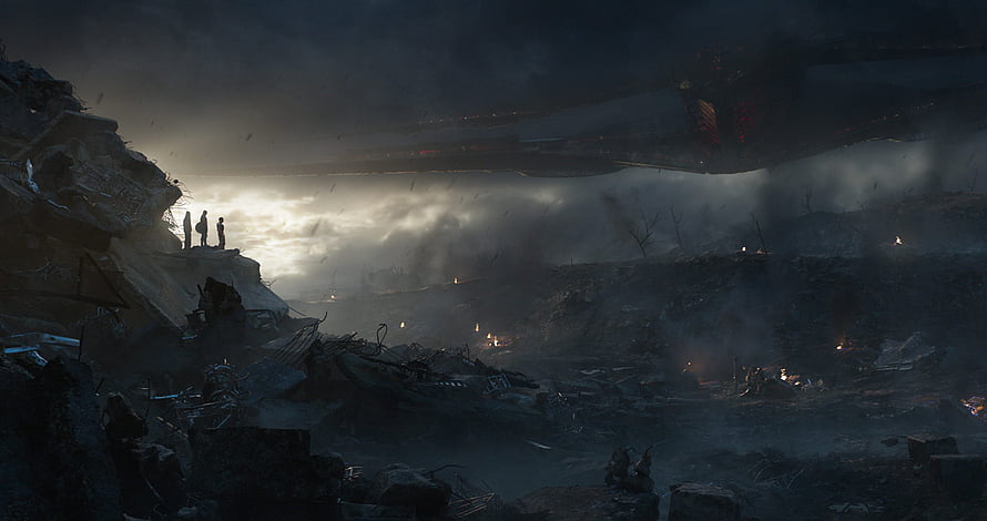 Avengers Endgame Final Battle Scene with Silhouetted Figures and Massive Spaceship HD wallpaper