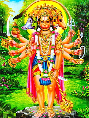 Traditional Indian Artwork of Hanuman with Multiple Arms and Animal-Headed Faces in a Lush Garden, Hanuman mobile portrait, hanuman HD phone wallpaper