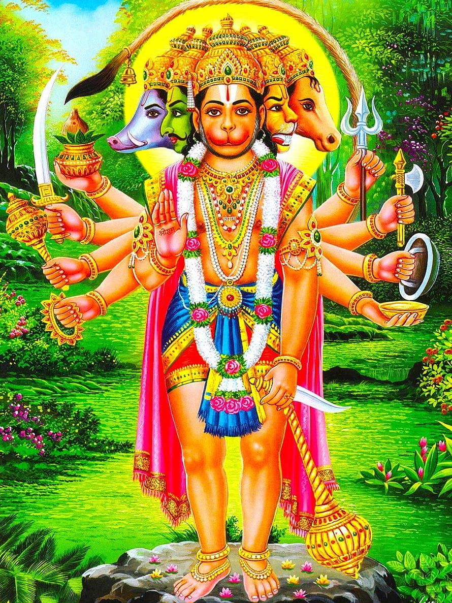 Traditional Indian Artwork of Hanuman with Multiple Arms and Animal-Headed Faces in a Lush Garden, Hanuman mobile portrait, hanuman HD phone wallpaper