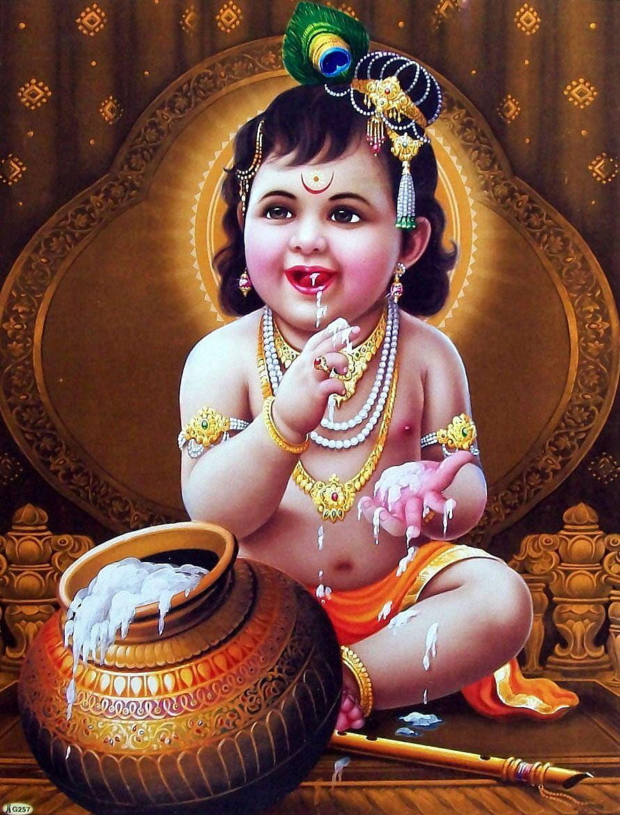 Baby Krishna Stealing Butter from a Pot with Peacock Feather Crown HD phone wallpaper