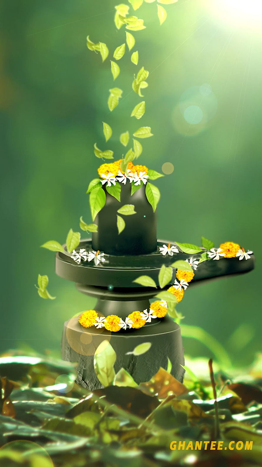 Sacred Shiva Lingam Adorned With Marigold Flowers And Floating Leaves In Nature HD phone wallpaper