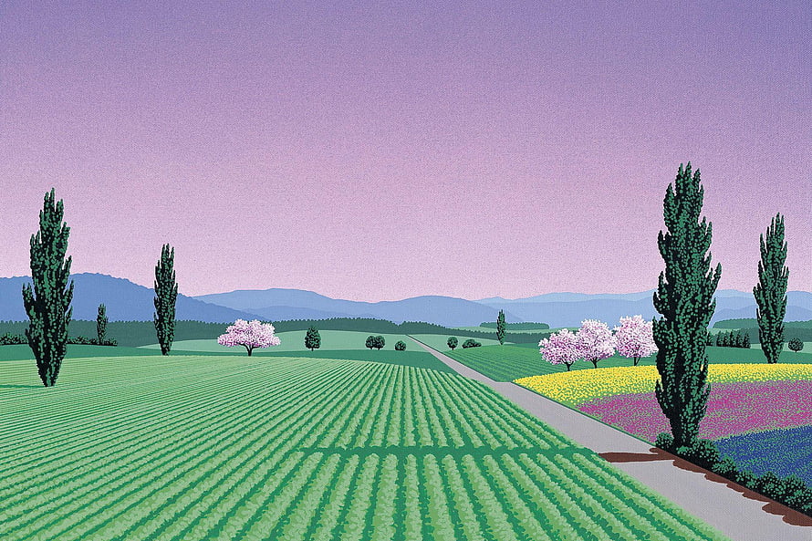 Hiroshi Nagai Pastoral Landscape with Blossoming Trees and Rolling Green Fields HD wallpaper