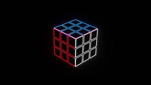 Neon Rubik's Cube Wireframe with Red, Blue, and White Glow on Black Background HD wallpaper