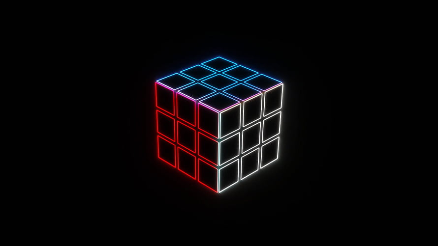 Neon Rubik's Cube Wireframe with Red, Blue, and White Glow on Black Background HD wallpaper