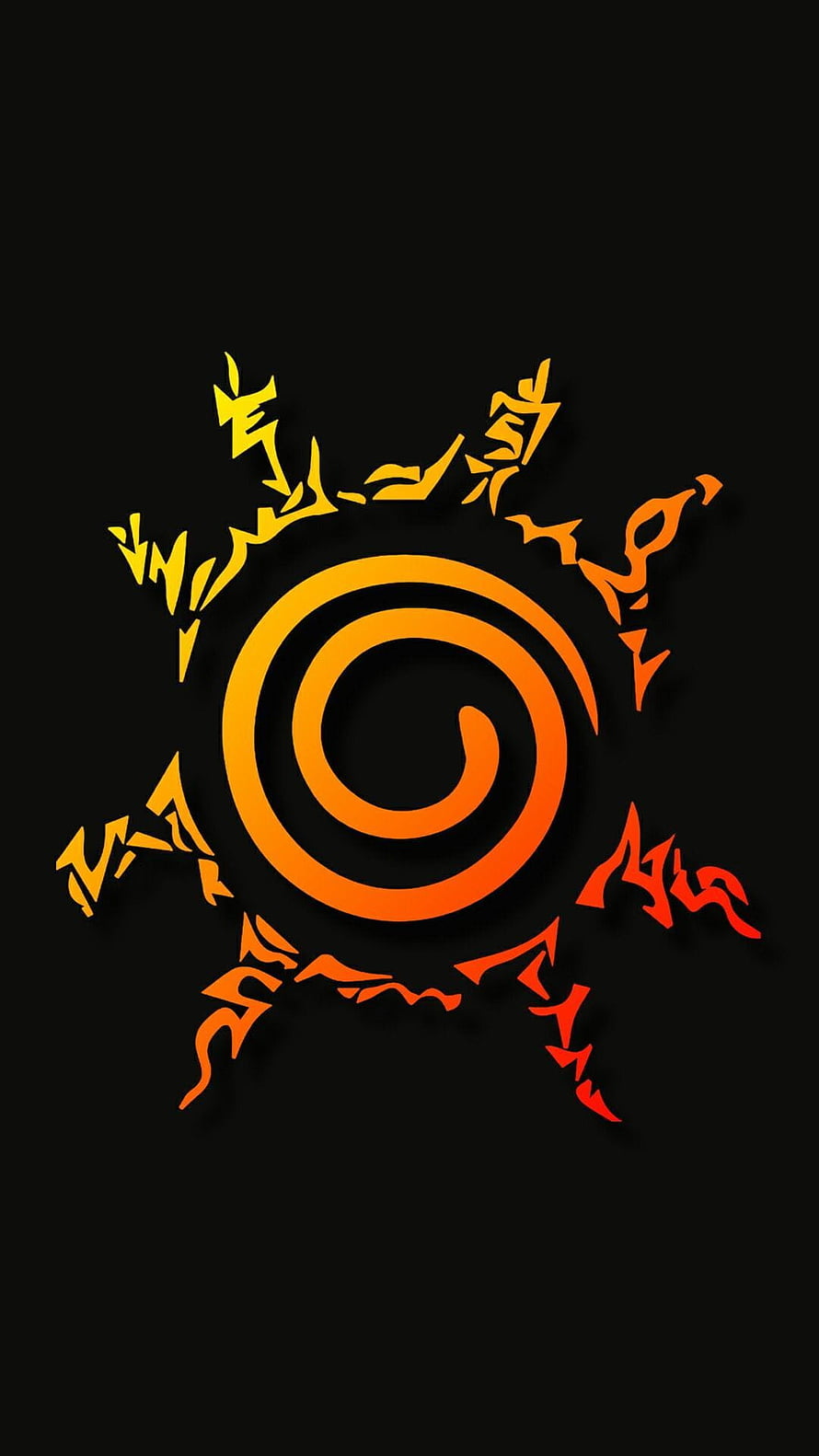 Uzumaki Clan Spiral Symbol with Fiery Tribal Radiating Design on Black Background HD phone wallpaper