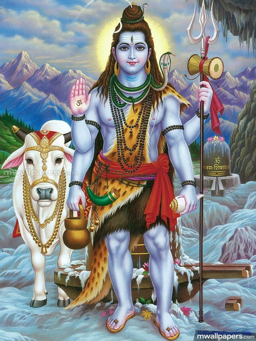 Lord Shiva with Nandi, Trishul, and Rudraksha in Himalayan Landscape HD phone wallpaper