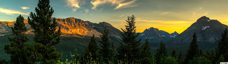 Golden Hour Mountain Panorama with Pine Trees and Sunset Sky HD wallpaper