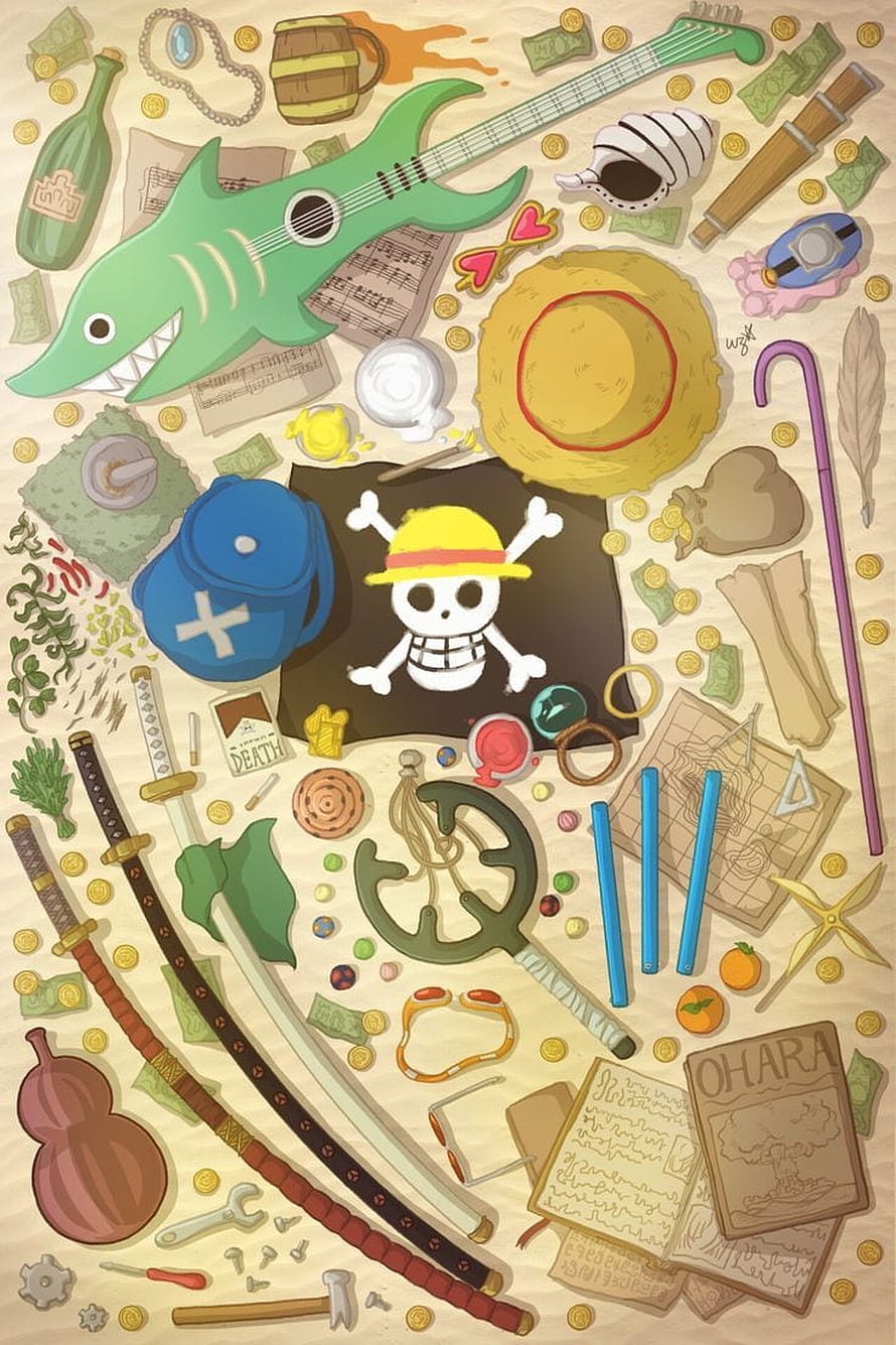 One Piece Straw Hat Pirates Jolly Roger and Adventure Items Wallpaper HD phone wallpaper