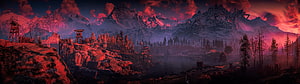 Red Sky Over Snowy Mountains and Forest Landscape Wallpaper HD wallpaper