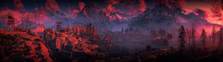 Red Sky Over Snowy Mountains and Forest Landscape Wallpaper HD wallpaper