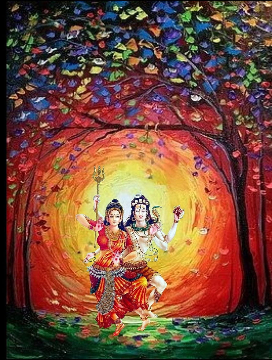 Ardhnarishwar Shiva Parvati Divine Union Painting with Trishul and Radiant Aura HD phone wallpaper