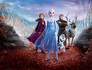 Frozen 2 Characters Elsa Anna Olaf Kristoff and Sven in Autumn Forest HD wallpaper