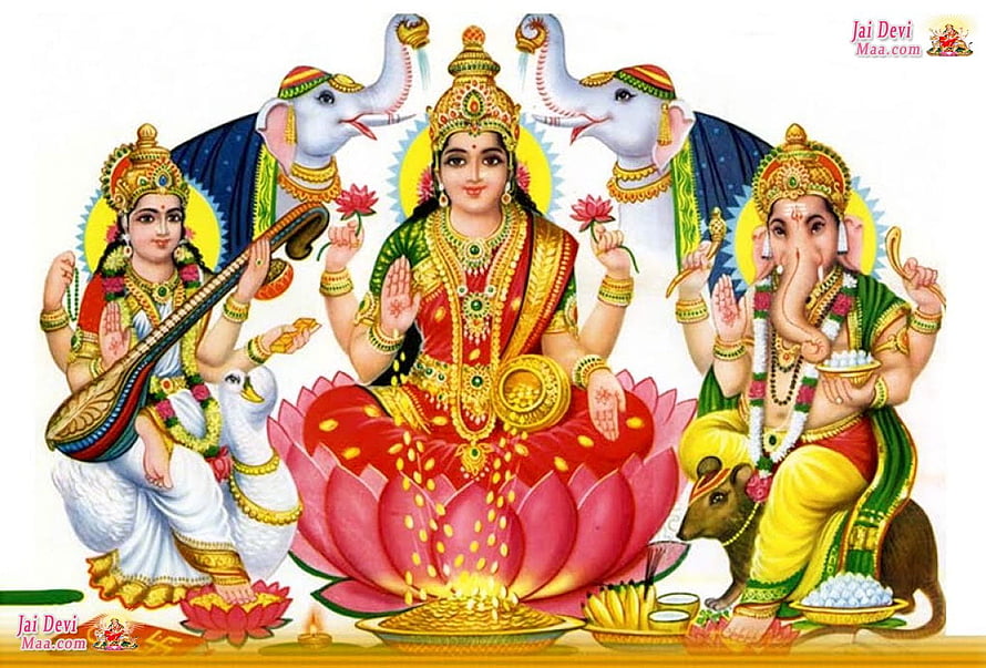 Hindu Goddess Lakshmi seated on a lotus with Saraswati and Ganesha, traditional Indian religious art HD wallpaper