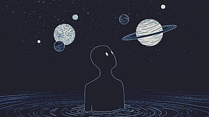Silhouette of a person gazing at planets and stars in a dark blue space illustration HD wallpaper