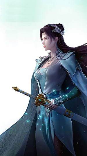 Elegant female warrior in flowing blue robes holding ornate sword HD phone wallpaper