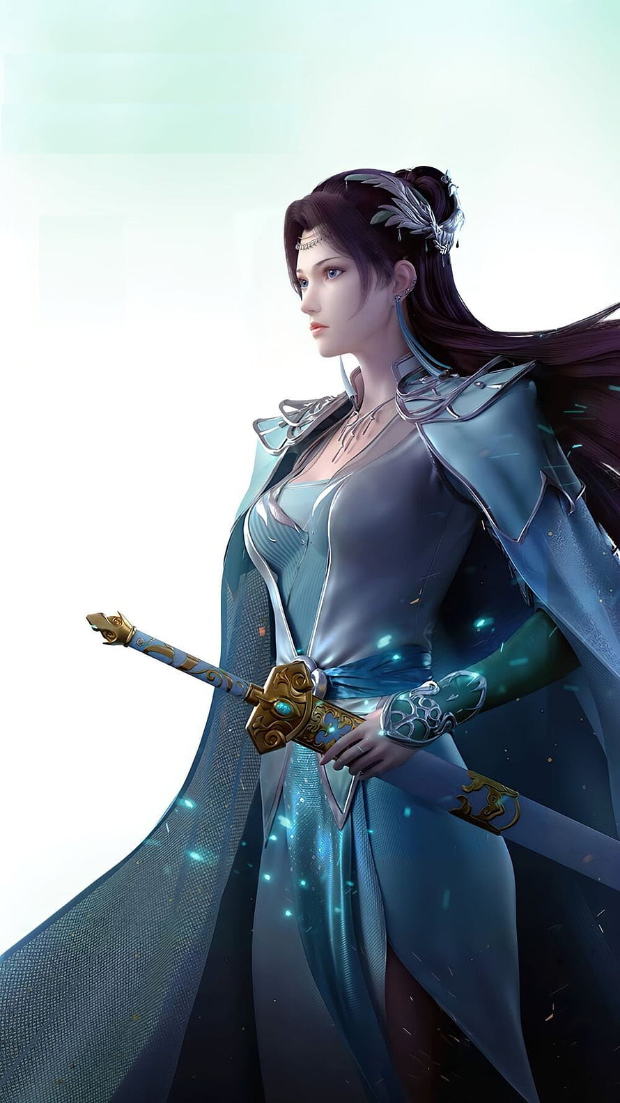 Elegant female warrior in flowing blue robes holding ornate sword HD phone wallpaper