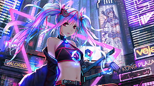 Cyberpunk Anime Girl with Neon Hair in Futuristic City HD wallpaper