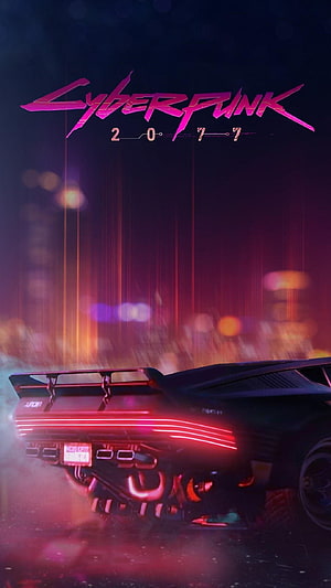 Cyberpunk 2077 Night City Street Scene with Futuristic Car and Neon Lights HD phone wallpaper