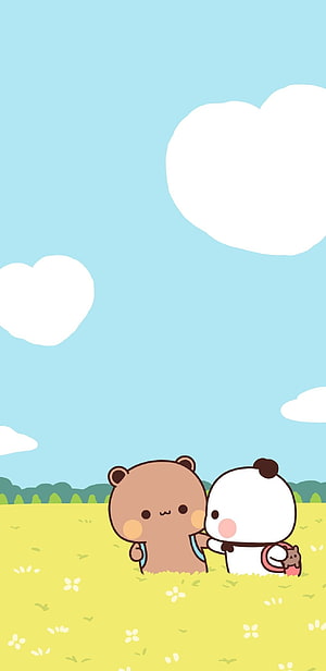 Cute Brown Bear and White Panda Walking in a Green Field Under Blue Sky HD phone wallpaper