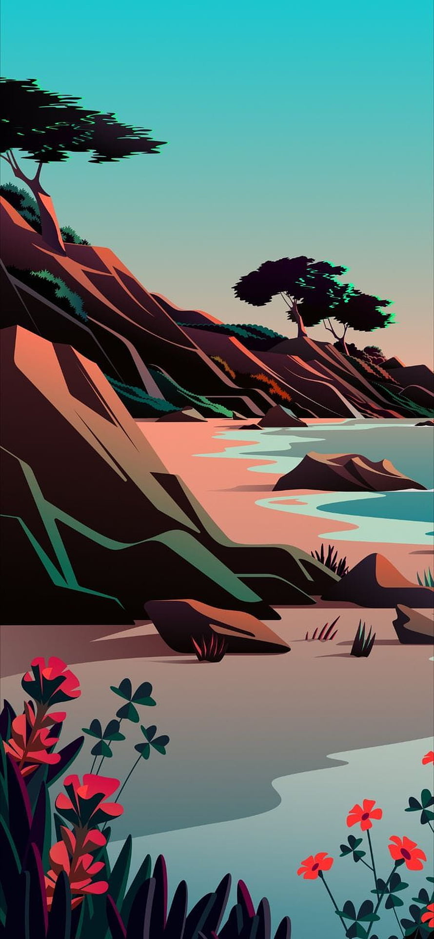 Stylized Vector Illustration of a Serene Coastal Landscape with Cliffs and Wildflowers HD phone wallpaper
