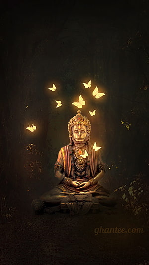 Bajrangbali in Meditation Surrounded by Glowing Butterflies in a Dark Sacred Setting HD phone wallpaper