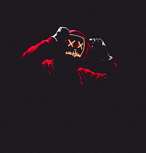 Glowing Red Hooded Figure With X Eyes On Black Background HD phone wallpaper