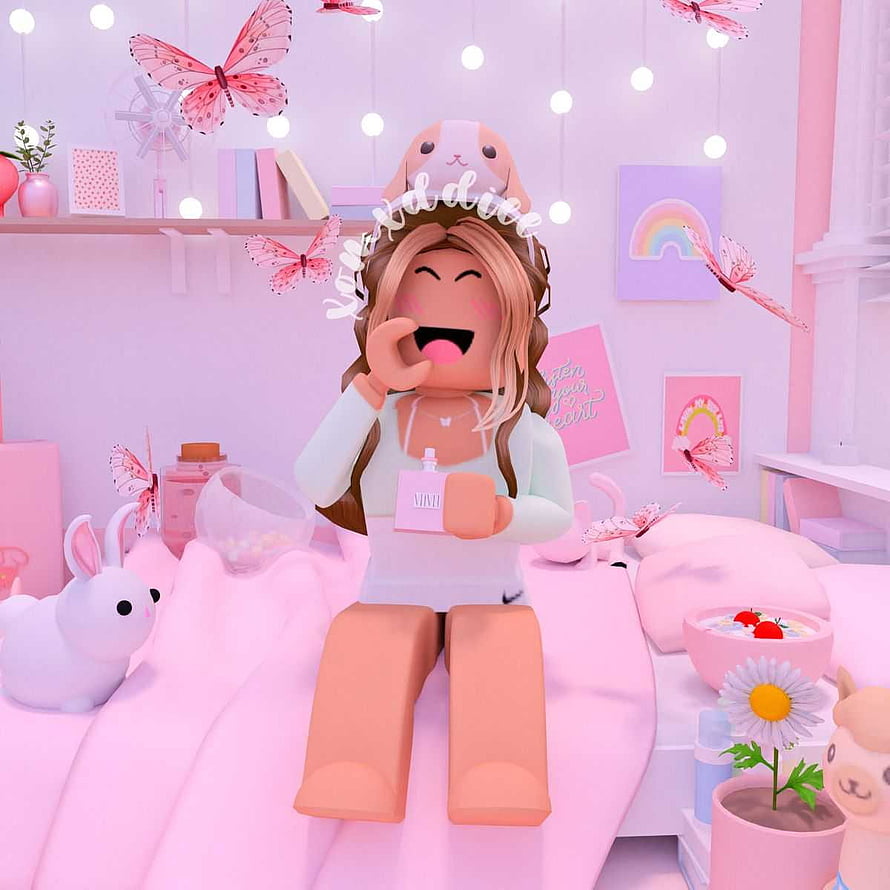Cute Roblox Girl in Pink Bedroom with Butterflies and Bunny Hat HD phone wallpaper