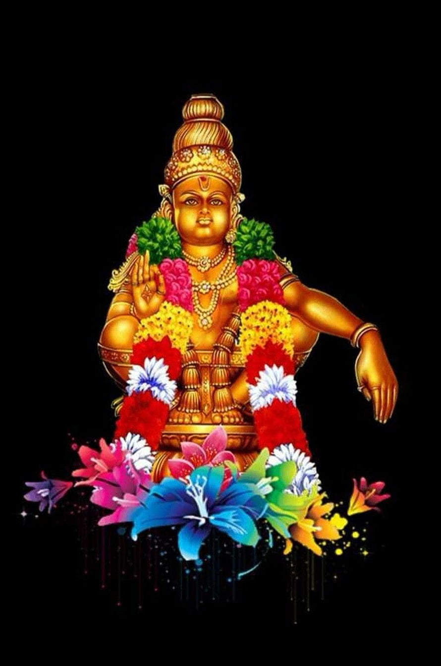 Golden Ayyappan Statue with Flower Garlands and Jewels on Black Background HD phone wallpaper
