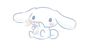 Cinnamoroll sipping juice from a bottle in a soft pastel kawaii illustration HD wallpaper