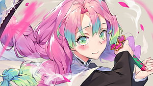 Mitsuri Kanroji from Demon Slayer with pink hair and green eyes holding a katana HD wallpaper