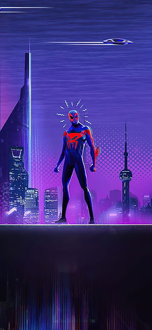 Miles Morales Spider-Man in Neon Blue Suit Standing on Shanghai Skyline at Night, 1125x2436 Spider Man 2099 Spider Verse XS, 10, X , Backgrounds, and, spider man into the spider verse HD phone wallpaper