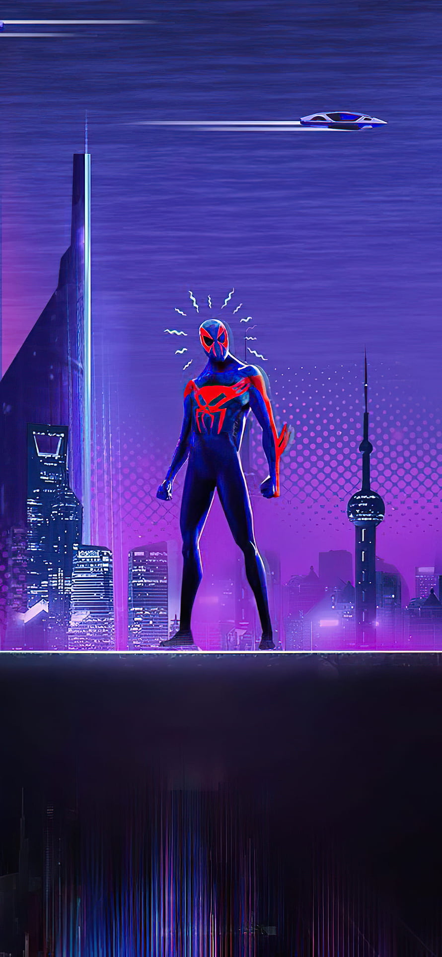 Miles Morales Spider-Man in Neon Blue Suit Standing on Shanghai Skyline at Night, 1125x2436 Spider Man 2099 Spider Verse XS, 10, X , Backgrounds, and, spider man into the spider verse HD phone wallpaper