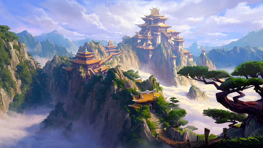 Mystical Asian Mountain Temple Complex Rising Above Sea of Clouds in Fantasy Landscape HD wallpaper